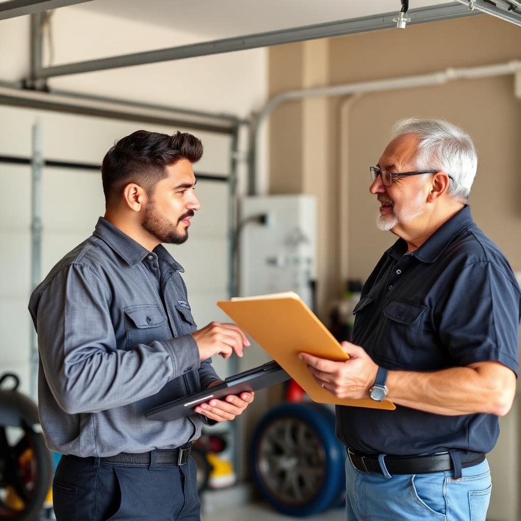 Garage Door Seymour technician explaining repair options to homeowner